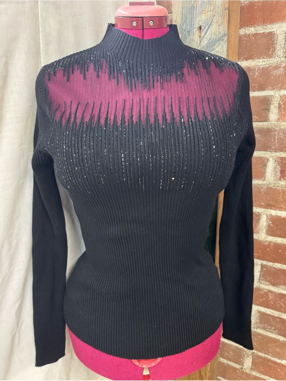 Frank Lyman Ribbed Black Embellished Mesh Cutout Beaded Rhinestone Long Sleeve